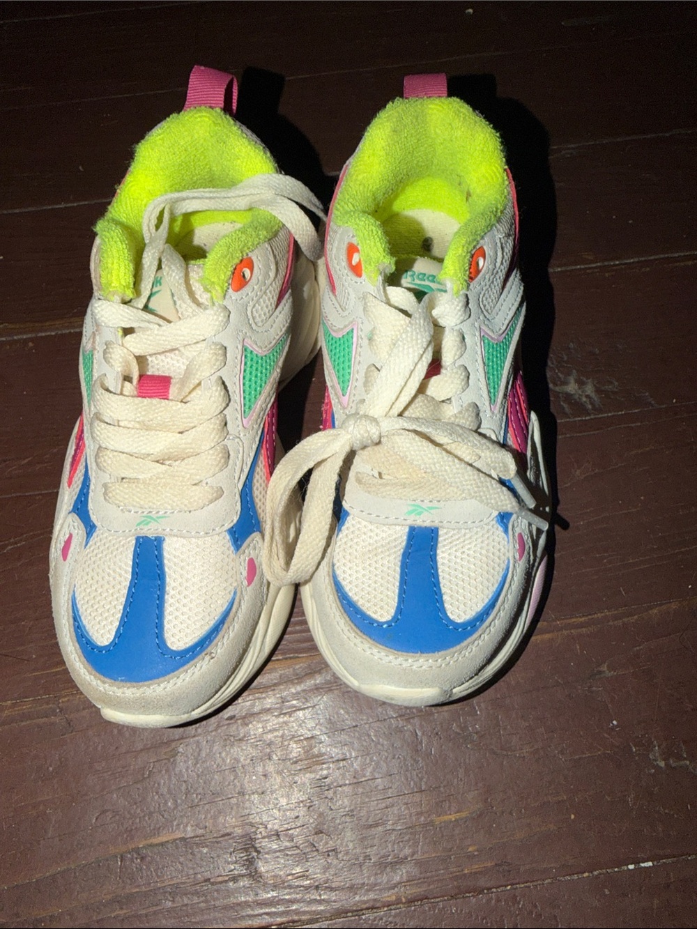 Reebok Kids White Sneakers with Blue, Pink, Green and Neon Yellow Accents